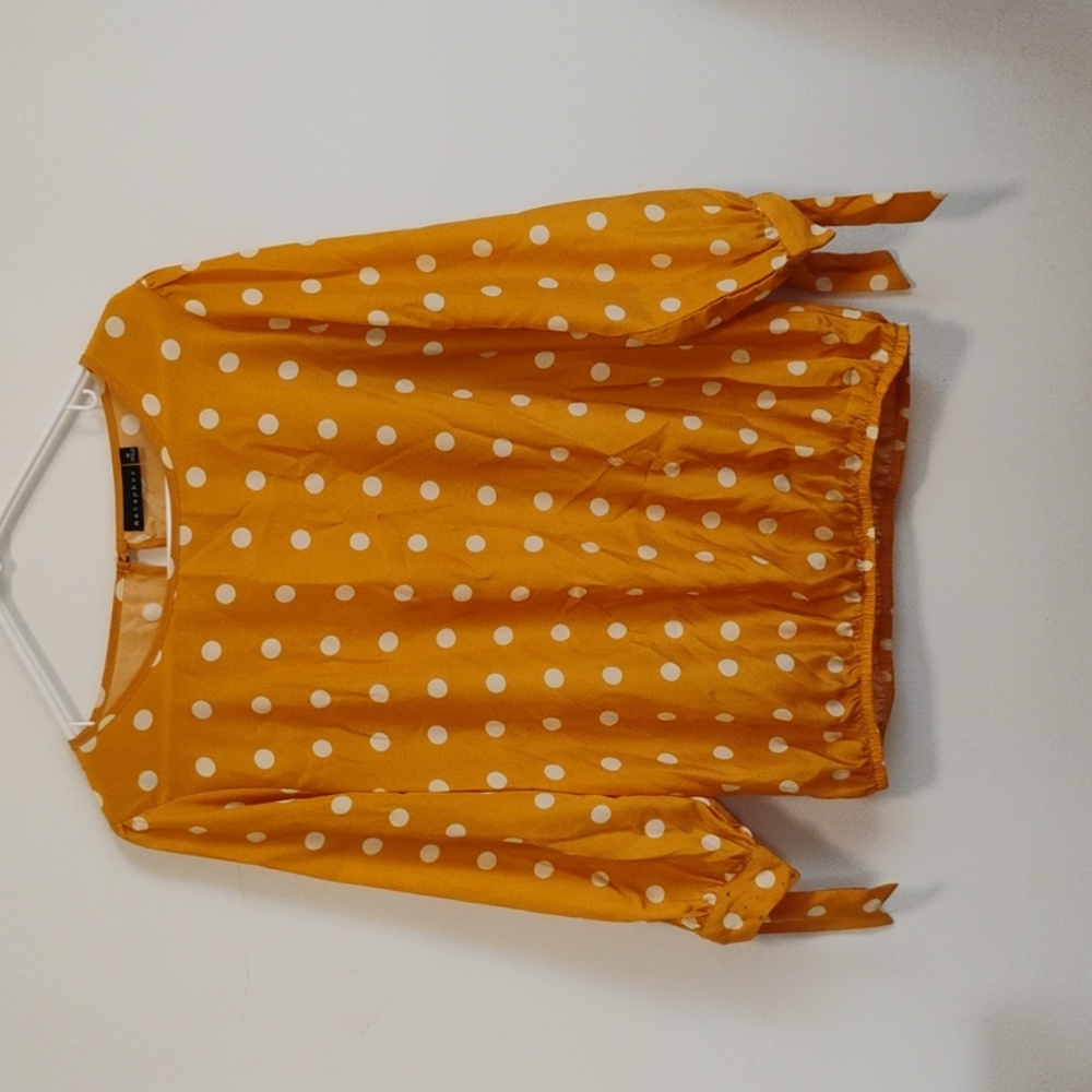 metaphor | Mustard Yellow + White Polka Dot 3/4-Length Sleeve Blouse | Women's M